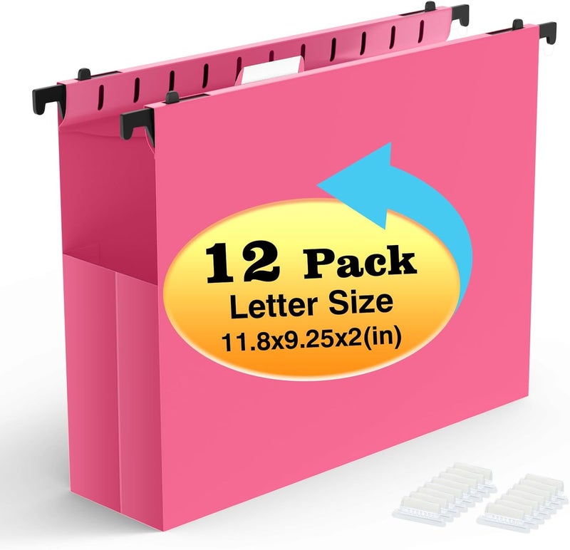 SHUTEX Extra Capacity Plastic Hanging File Folders,12 Pack Reinforced Expanding Hang Folder Letter Size,Accordian Pocket,Heavy Duty 2 Inch Expansion, Hard Hanging Folder Organizer for Office Home,Pink - Image 1